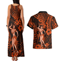 Hawaii Hula Girl Couples Matching Tank Maxi Dress and Hawaiian Shirt Polynesian Pattern Orange Version - Wonder Print Shop
