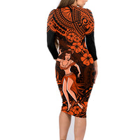 Hawaii Hula Girl Family Matching Long Sleeve Bodycon Dress and Hawaiian Shirt Polynesian Pattern Orange Version - Wonder Print Shop
