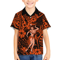 Hawaii Hula Girl Family Matching Long Sleeve Bodycon Dress and Hawaiian Shirt Polynesian Pattern Orange Version - Wonder Print Shop