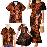 Hawaii Hula Girl Family Matching Mermaid Dress and Hawaiian Shirt Polynesian Pattern Orange Version - Wonder Print Shop