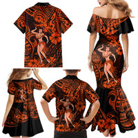 Hawaii Hula Girl Family Matching Mermaid Dress and Hawaiian Shirt Polynesian Pattern Orange Version - Wonder Print Shop