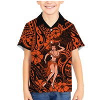 Hawaii Hula Girl Family Matching Mermaid Dress and Hawaiian Shirt Polynesian Pattern Orange Version - Wonder Print Shop