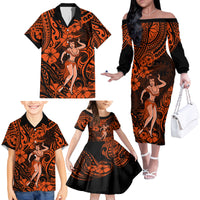 Hawaii Hula Girl Family Matching Off Shoulder Long Sleeve Dress and Hawaiian Shirt Polynesian Pattern Orange Version - Wonder Print Shop