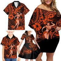Hawaii Hula Girl Family Matching Off Shoulder Short Dress and Hawaiian Shirt Polynesian Pattern Orange Version - Wonder Print Shop