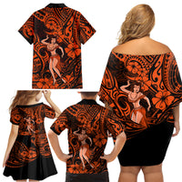 Hawaii Hula Girl Family Matching Off Shoulder Short Dress and Hawaiian Shirt Polynesian Pattern Orange Version - Wonder Print Shop