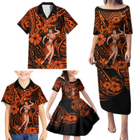 Hawaii Hula Girl Family Matching Puletasi Dress and Hawaiian Shirt Polynesian Pattern Orange Version - Wonder Print Shop