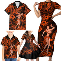 Hawaii Hula Girl Family Matching Short Sleeve Bodycon Dress and Hawaiian Shirt Polynesian Pattern Orange Version - Wonder Print Shop