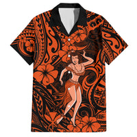 Hawaii Hula Girl Family Matching Short Sleeve Bodycon Dress and Hawaiian Shirt Polynesian Pattern Orange Version - Wonder Print Shop