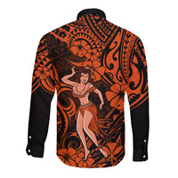 Hawaii Hula Girl Long Sleeve Button Shirt Polynesian Pattern Orange Version - Wonder Print Shop