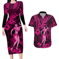 Hawaii Hula Girl Couples Matching Long Sleeve Bodycon Dress and Hawaiian Shirt Polynesian Pattern Pink Version - Wonder Print Shop