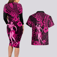 Hawaii Hula Girl Couples Matching Long Sleeve Bodycon Dress and Hawaiian Shirt Polynesian Pattern Pink Version - Wonder Print Shop