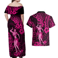 Hawaii Hula Girl Couples Matching Off Shoulder Maxi Dress and Hawaiian Shirt Polynesian Pattern Pink Version - Wonder Print Shop