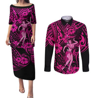 Hawaii Hula Girl Couples Matching Puletasi Dress and Long Sleeve Button Shirts Polynesian Pattern Pink Version - Wonder Print Shop
