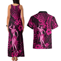 Hawaii Hula Girl Couples Matching Tank Maxi Dress and Hawaiian Shirt Polynesian Pattern Pink Version - Wonder Print Shop