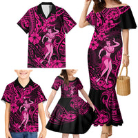 Hawaii Hula Girl Family Matching Mermaid Dress and Hawaiian Shirt Polynesian Pattern Pink Version - Wonder Print Shop