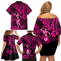 Hawaii Hula Girl Family Matching Off Shoulder Short Dress and Hawaiian Shirt Polynesian Pattern Pink Version - Wonder Print Shop