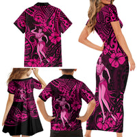 Hawaii Hula Girl Family Matching Short Sleeve Bodycon Dress and Hawaiian Shirt Polynesian Pattern Pink Version - Wonder Print Shop