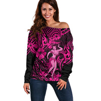 Hawaii Hula Girl Off Shoulder Sweater Polynesian Pattern Pink Version - Wonder Print Shop