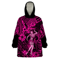 Hawaii Hula Girl Wearable Blanket Hoodie Polynesian Pattern Pink Version - Wonder Print Shop