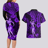 Hawaii Hula Girl Couples Matching Long Sleeve Bodycon Dress and Hawaiian Shirt Hibiscus Hawaii Tribal Tattoo Purple Version - Wonder Print Shop
