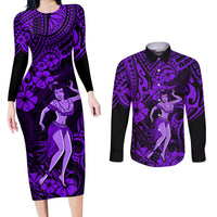 Hawaii Hula Girl Couples Matching Long Sleeve Bodycon Dress and Long Sleeve Button Shirts Hibiscus Hawaii Tribal Tattoo Purple Version - Wonder Print Shop