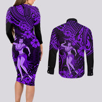 Hawaii Hula Girl Couples Matching Long Sleeve Bodycon Dress and Long Sleeve Button Shirts Hibiscus Hawaii Tribal Tattoo Purple Version - Wonder Print Shop