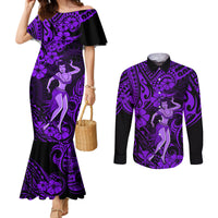 hawaii-hula-girl-couples-matching-mermaid-dress-and-long-sleeve-button-shirts-hibiscus-hawaii-tribal-tattoo-purple-version