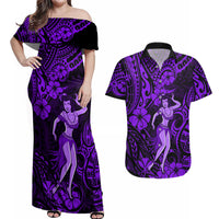 Hawaii Hula Girl Couples Matching Off Shoulder Maxi Dress and Hawaiian Shirt Hibiscus Hawaii Tribal Tattoo Purple Version - Wonder Print Shop
