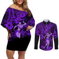 Hawaii Hula Girl Couples Matching Off Shoulder Short Dress and Long Sleeve Button Shirts Hibiscus Hawaii Tribal Tattoo Purple Version - Wonder Print Shop