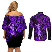 Hawaii Hula Girl Couples Matching Off Shoulder Short Dress and Long Sleeve Button Shirts Hibiscus Hawaii Tribal Tattoo Purple Version - Wonder Print Shop