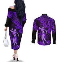 hawaii-hula-girl-couples-matching-off-the-shoulder-long-sleeve-dress-and-long-sleeve-button-shirts-hibiscus-hawaii-tribal-tattoo-purple-version