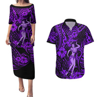 Hawaii Hula Girl Couples Matching Puletasi Dress and Hawaiian Shirt Hibiscus Hawaii Tribal Tattoo Purple Version - Wonder Print Shop