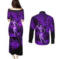 Hawaii Hula Girl Couples Matching Puletasi Dress and Long Sleeve Button Shirts Hibiscus Hawaii Tribal Tattoo Purple Version - Wonder Print Shop