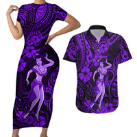 Hawaii Hula Girl Couples Matching Short Sleeve Bodycon Dress and Hawaiian Shirt Hibiscus Hawaii Tribal Tattoo Purple Version - Wonder Print Shop