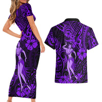 Hawaii Hula Girl Couples Matching Short Sleeve Bodycon Dress and Hawaiian Shirt Hibiscus Hawaii Tribal Tattoo Purple Version - Wonder Print Shop