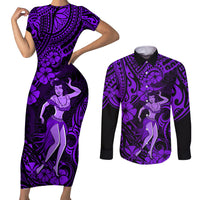 Hawaii Hula Girl Couples Matching Short Sleeve Bodycon Dress and Long Sleeve Button Shirts Hibiscus Hawaii Tribal Tattoo Purple Version - Wonder Print Shop