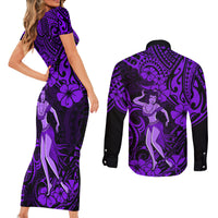 Hawaii Hula Girl Couples Matching Short Sleeve Bodycon Dress and Long Sleeve Button Shirts Hibiscus Hawaii Tribal Tattoo Purple Version - Wonder Print Shop