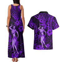 Hawaii Hula Girl Couples Matching Tank Maxi Dress and Hawaiian Shirt Hibiscus Hawaii Tribal Tattoo Purple Version - Wonder Print Shop