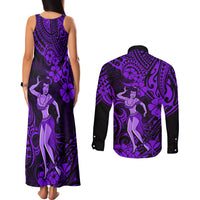 Hawaii Hula Girl Couples Matching Tank Maxi Dress and Long Sleeve Button Shirts Hibiscus Hawaii Tribal Tattoo Purple Version - Wonder Print Shop