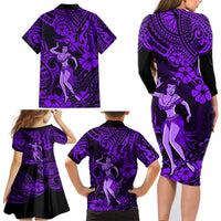 Hawaii Hula Girl Family Matching Long Sleeve Bodycon Dress and Hawaiian Shirt Hibiscus Hawaii Tribal Tattoo Purple Version - Wonder Print Shop