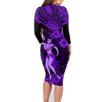Hawaii Hula Girl Family Matching Long Sleeve Bodycon Dress and Hawaiian Shirt Hibiscus Hawaii Tribal Tattoo Purple Version - Wonder Print Shop