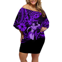 Hawaii Hula Girl Family Matching Off Shoulder Short Dress and Hawaiian Shirt Hibiscus Hawaii Tribal Tattoo Purple Version - Wonder Print Shop