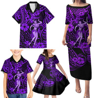 Hawaii Hula Girl Family Matching Puletasi Dress and Hawaiian Shirt Hibiscus Hawaii Tribal Tattoo Purple Version - Wonder Print Shop