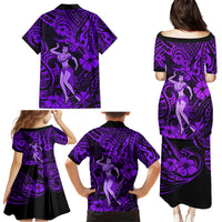 Hawaii Hula Girl Family Matching Puletasi Dress and Hawaiian Shirt Hibiscus Hawaii Tribal Tattoo Purple Version - Wonder Print Shop