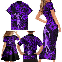 Hawaii Hula Girl Family Matching Short Sleeve Bodycon Dress and Hawaiian Shirt Hibiscus Hawaii Tribal Tattoo Purple Version - Wonder Print Shop