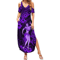 Hawaii Hula Girl Family Matching Summer Maxi Dress and Hawaiian Shirt Hibiscus Hawaii Tribal Tattoo Purple Version - Wonder Print Shop