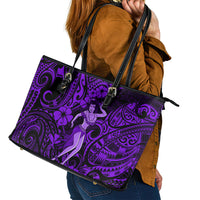 Hawaii Hula Girl Leather Tote Bag Hibiscus Hawaii Tribal Tattoo Purple Version - Wonder Print Shop