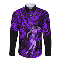 Hawaii Hula Girl Long Sleeve Button Shirt Hibiscus Hawaii Tribal Tattoo Purple Version - Wonder Print Shop