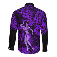 Hawaii Hula Girl Long Sleeve Button Shirt Hibiscus Hawaii Tribal Tattoo Purple Version - Wonder Print Shop