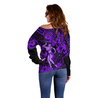 Hawaii Hula Girl Off Shoulder Sweater Hibiscus Hawaii Tribal Tattoo Purple Version - Wonder Print Shop